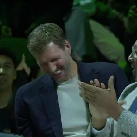 The Dallas crowd erupts as Dirk is introduced-“Dirk Nowitzki’s Epic Introduction Sparks Dallas Crowd Cheers”